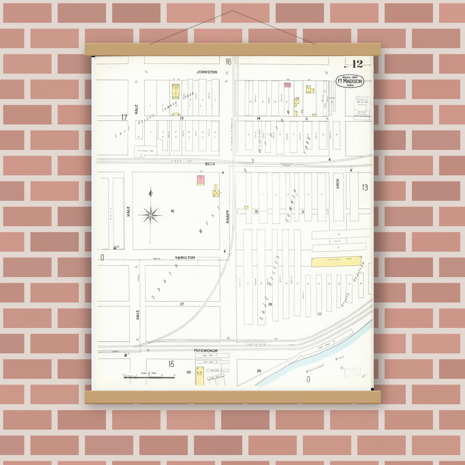 Old map wall art mockup — magnetic wood frame on brick wall — Sanborn Fire Insurance Map from Fort Madison, Lee County, Iowa (1900), Sheet #0012