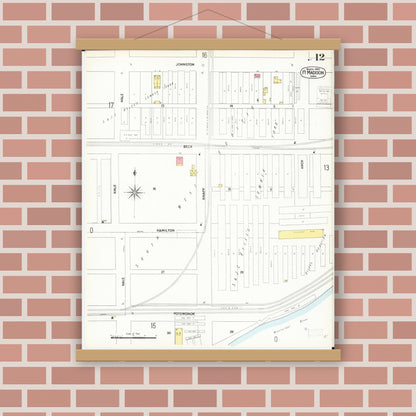 Old map wall art mockup — magnetic wood frame on brick wall — Sanborn Fire Insurance Map from Fort Madison, Lee County, Iowa (1900), Sheet #0012