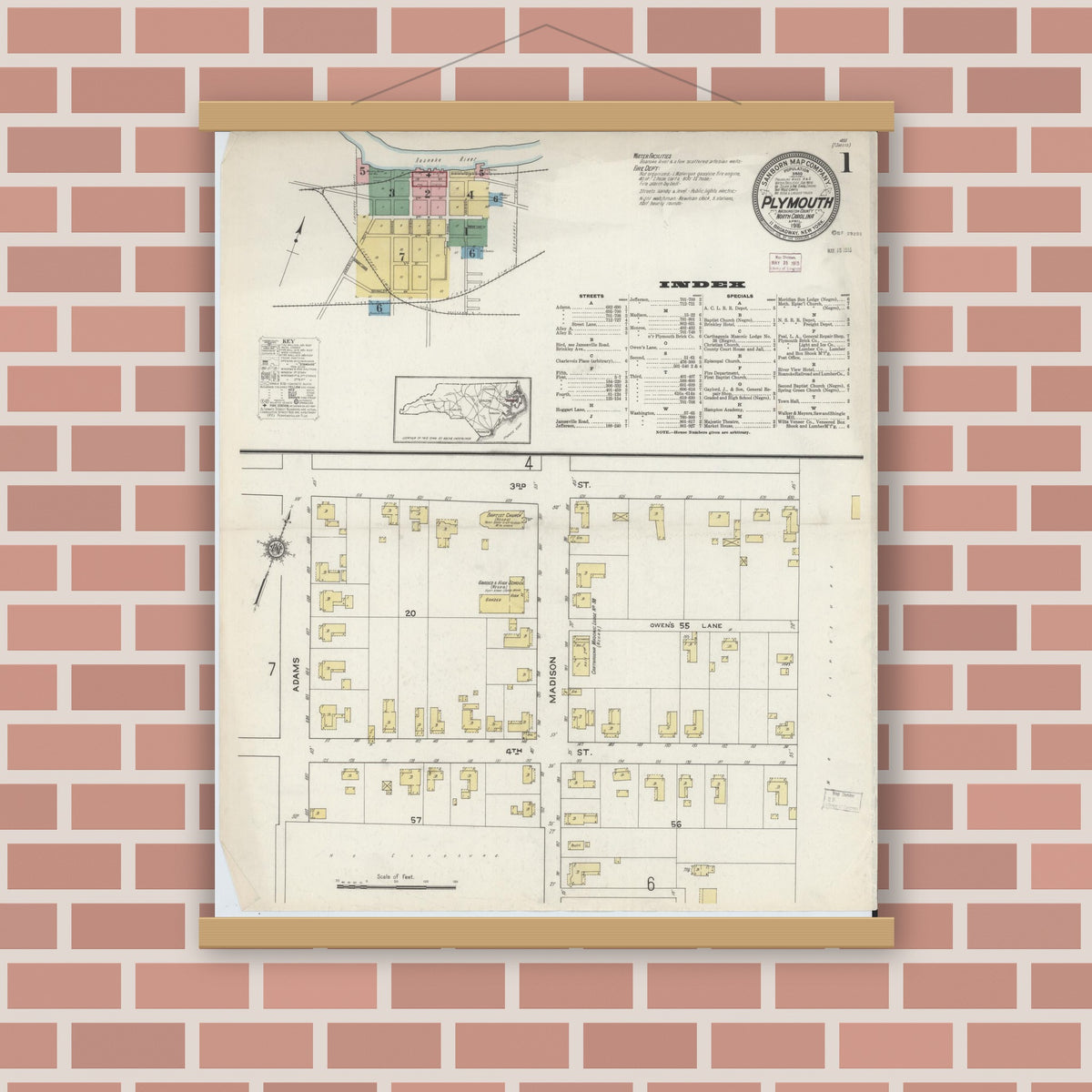 Old map wall art mockup — magnetic wood frame on brick wall — Sanborn Fire Insurance Map from Plymouth, Washington County, North Carolina (1915) - Complete Map Set