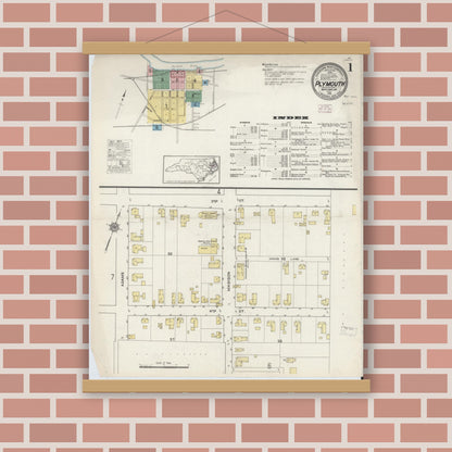 Old map wall art mockup — magnetic wood frame on brick wall — Sanborn Fire Insurance Map from Plymouth, Washington County, North Carolina (1915) - Complete Map Set