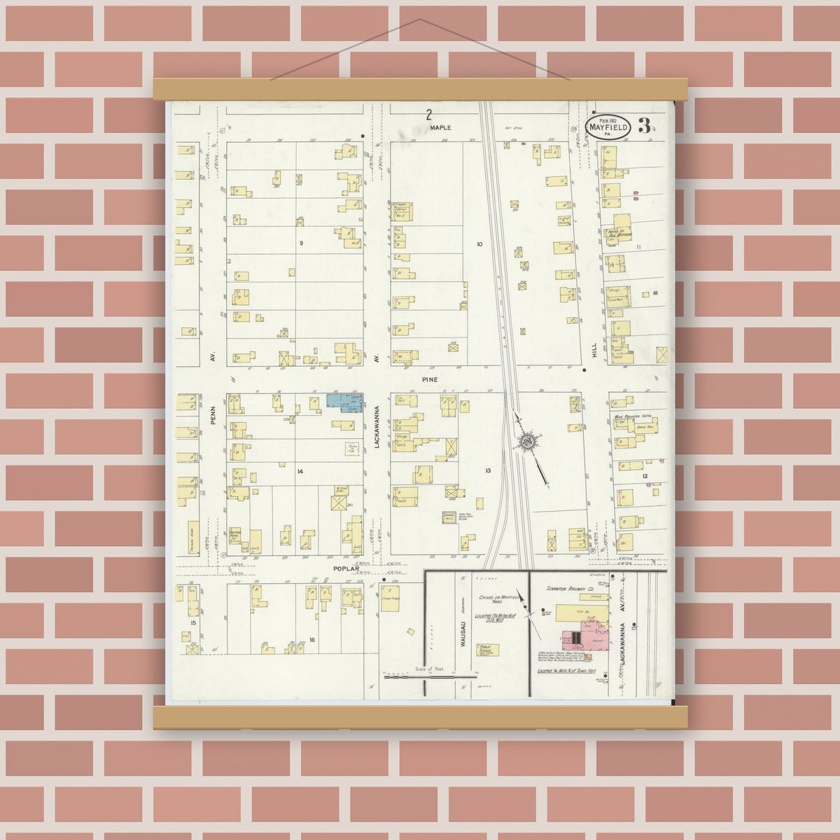 Old map wall art mockup — magnetic wood frame on brick wall — Sanborn Fire Insurance Map from Mayfield, Lackawanna County, Pennsylvania (1912), Sheet #0003