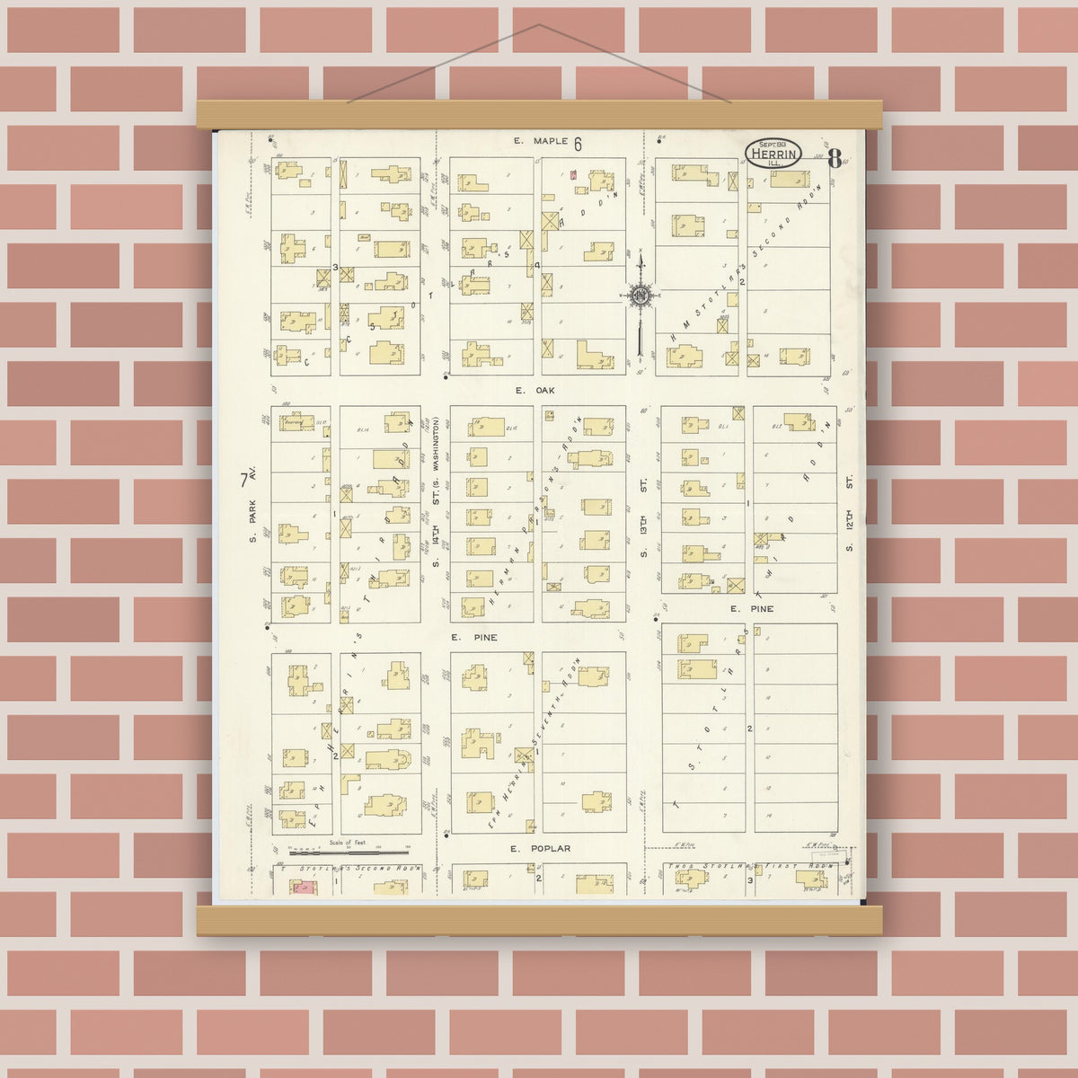Old map wall art mockup — magnetic wood frame on brick wall — Sanborn Fire Insurance Map from Herrin, Williamson County, Illinois (1913), Sheet #0008