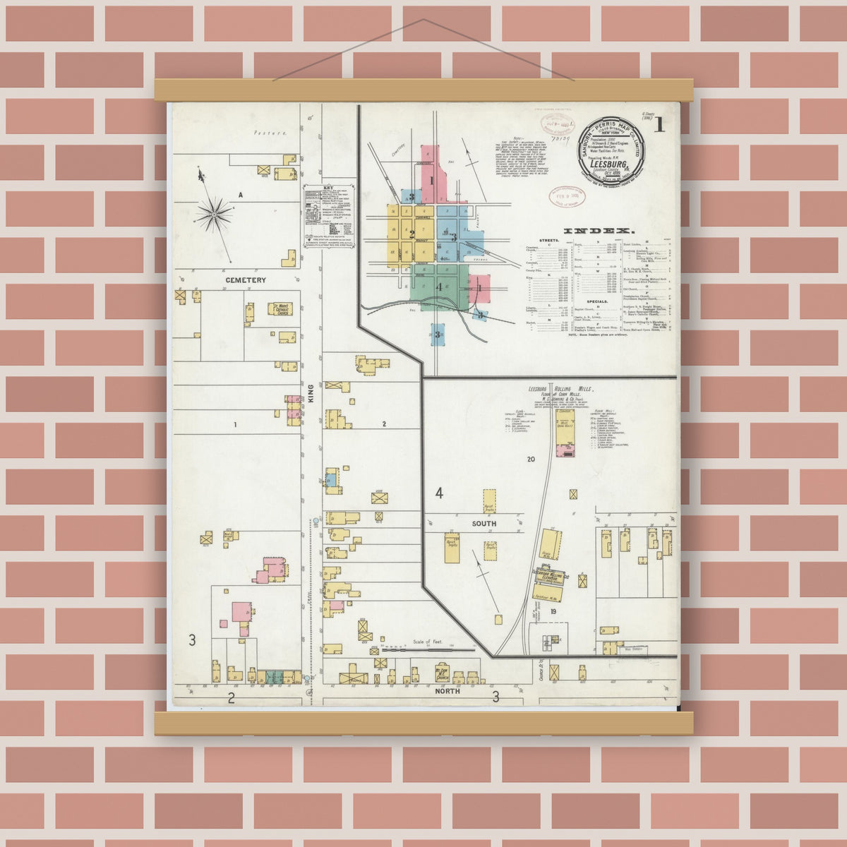Old map wall art mockup — magnetic wood frame on brick wall — Sanborn Fire Insurance Map from Leesburg, Loudoun County, Virginia (1899) - Complete Map Set
