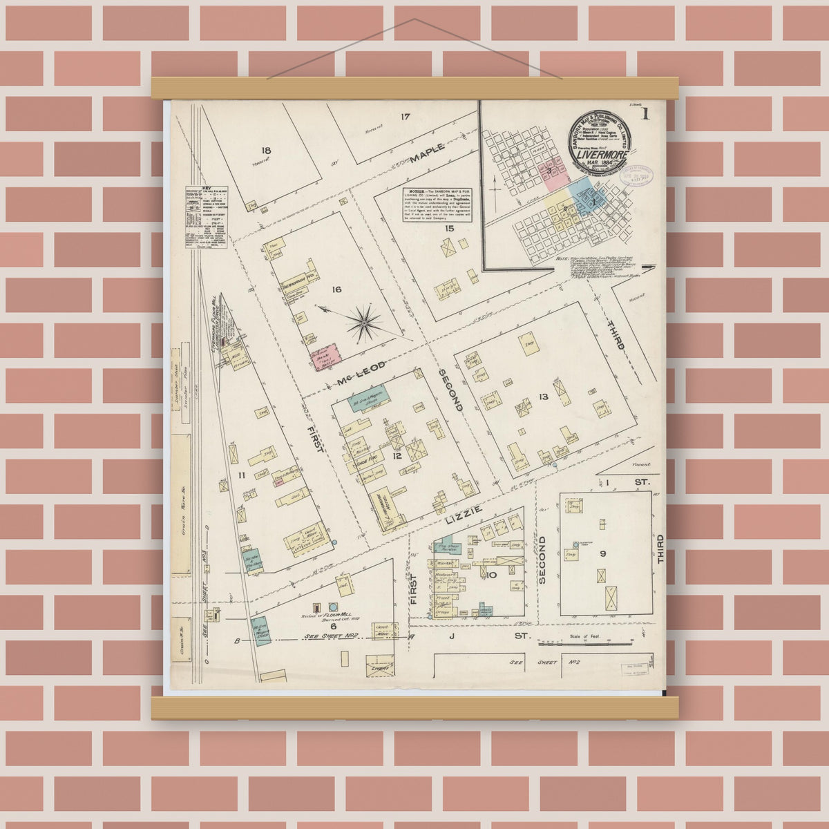 Old map wall art mockup — magnetic wood frame on brick wall — Sanborn Fire Insurance Map from Livermore, Alameda County, California (1884) - Complete Map Set