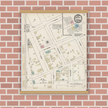 Old map wall art mockup — magnetic wood frame on brick wall — Sanborn Fire Insurance Map from Livermore, Alameda County, California (1884) - Complete Map Set