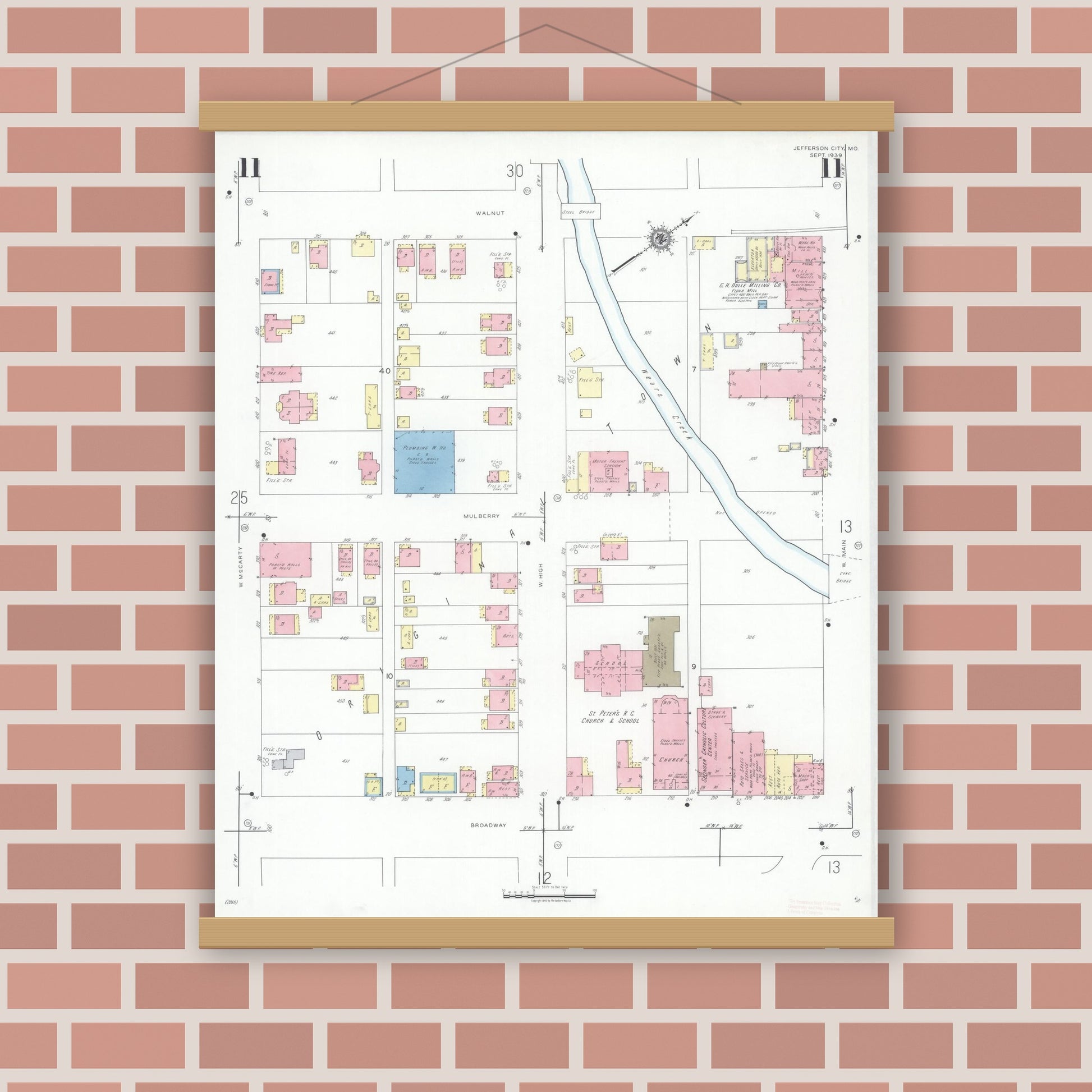 Old map wall art mockup — magnetic wood frame on brick wall — Sanborn Fire Insurance Map from Jefferson City, Cole County, Missouri (1939), Sheet #0011