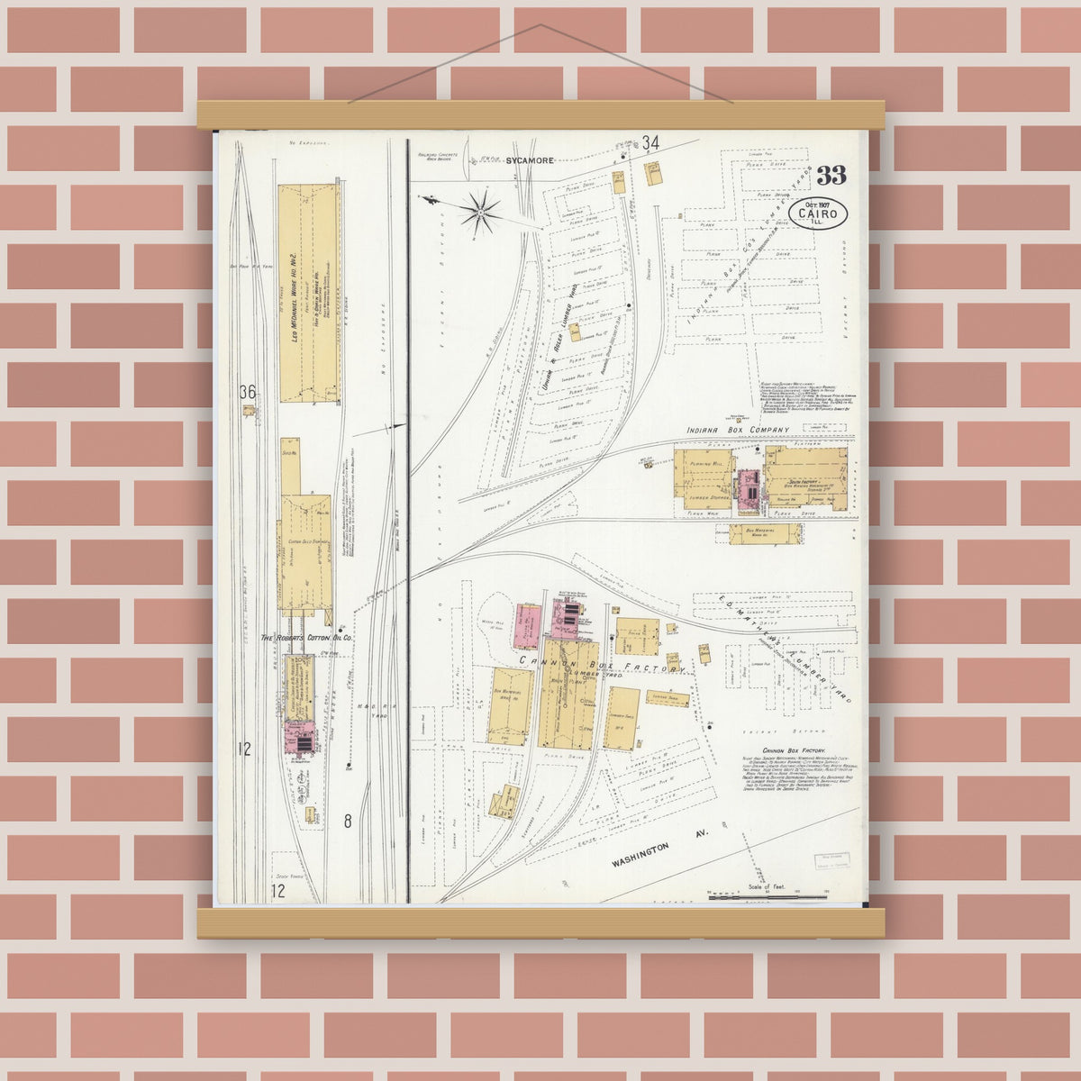 Old map wall art mockup — magnetic wood frame on brick wall — Sanborn Fire Insurance Map from Cairo, Alexander County, Illinois (1907), Sheet #0033