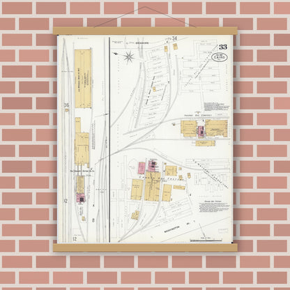 Old map wall art mockup — magnetic wood frame on brick wall — Sanborn Fire Insurance Map from Cairo, Alexander County, Illinois (1907), Sheet #0033
