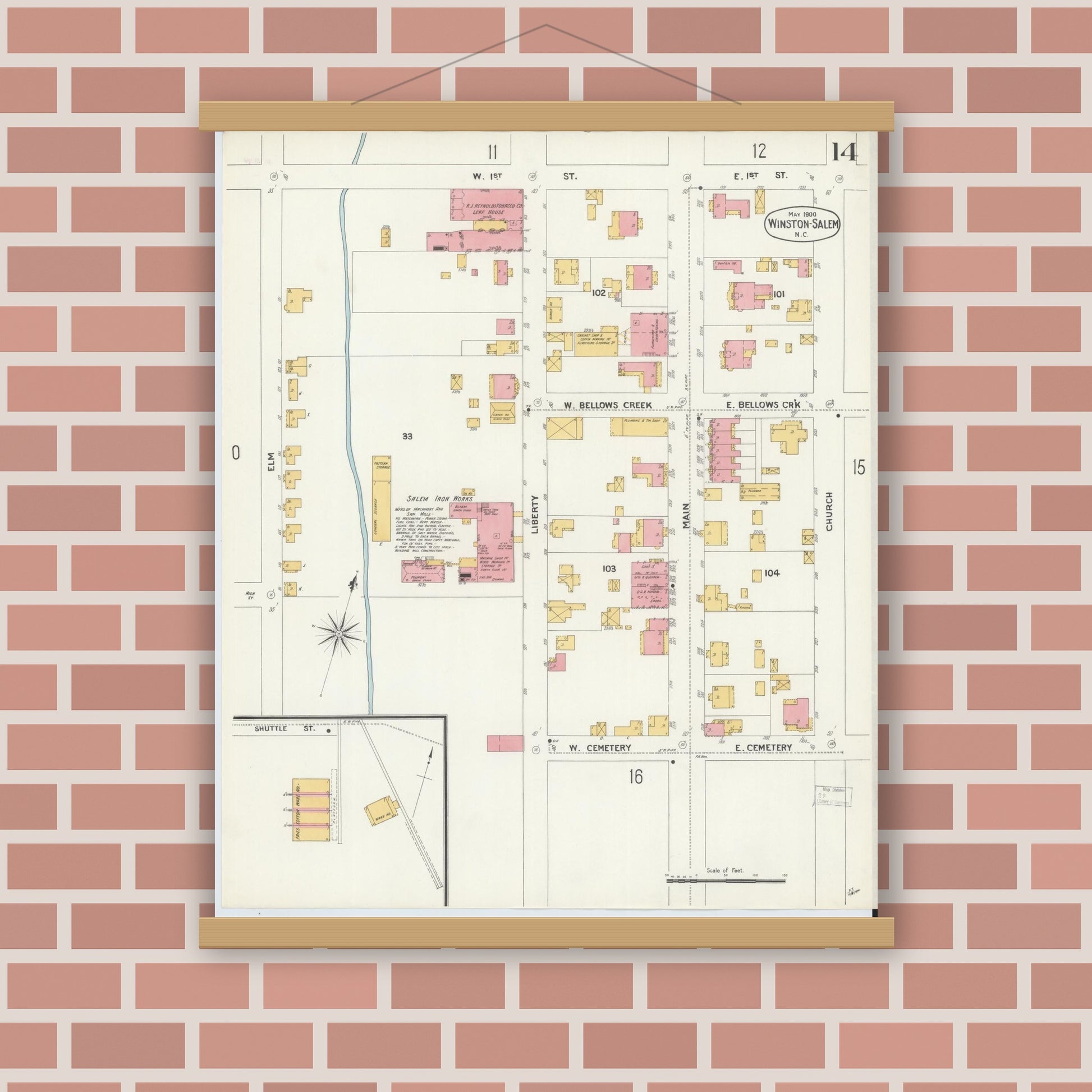 Old map wall art mockup — magnetic wood frame on brick wall — Sanborn Fire Insurance Map from Winston-Salem, Forsyth County, North Carolina (1900), Sheet #0014