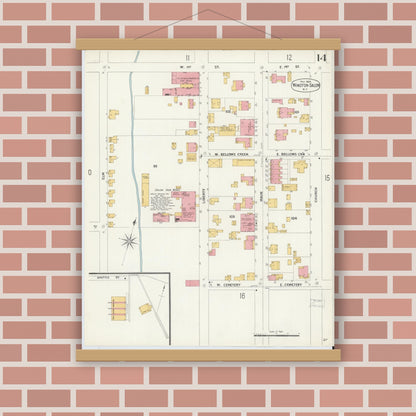 Old map wall art mockup — magnetic wood frame on brick wall — Sanborn Fire Insurance Map from Winston-Salem, Forsyth County, North Carolina (1900), Sheet #0014