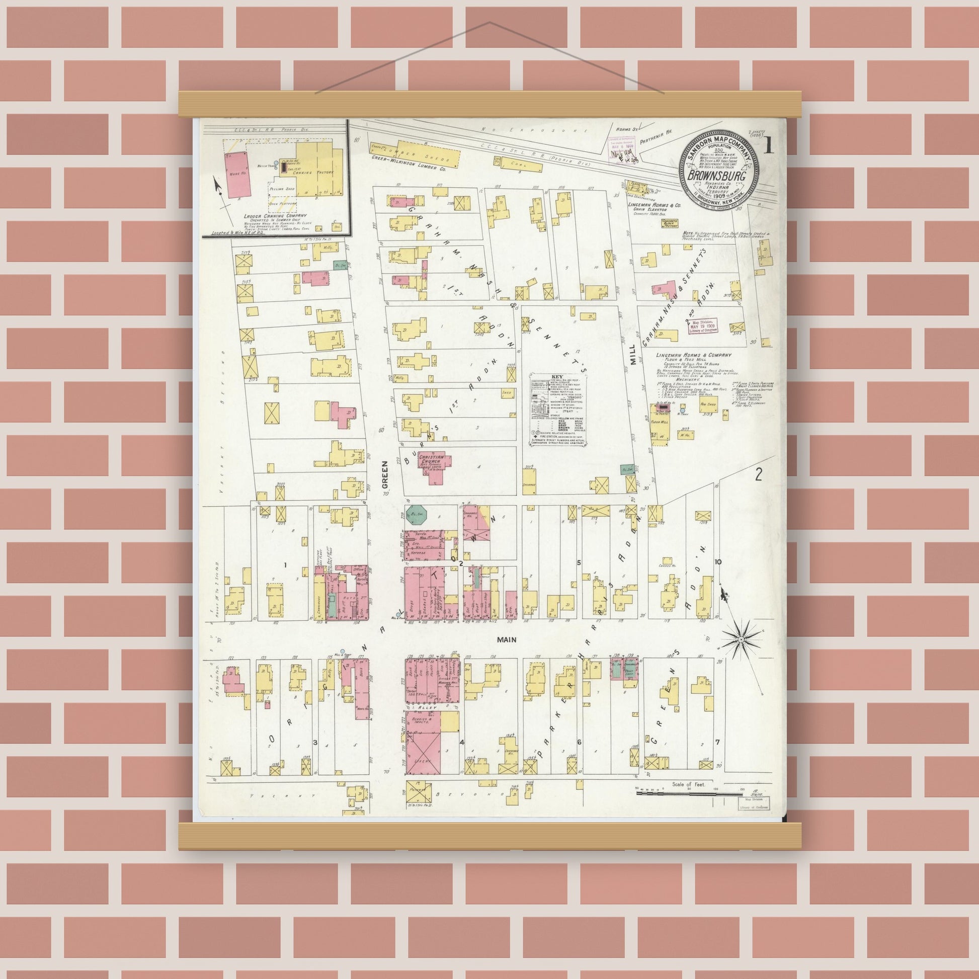 Old map wall art mockup — magnetic wood frame on brick wall — Sanborn Fire Insurance Map from Brownsburg, Hendricks County, Indiana (1909), Sheet #0001