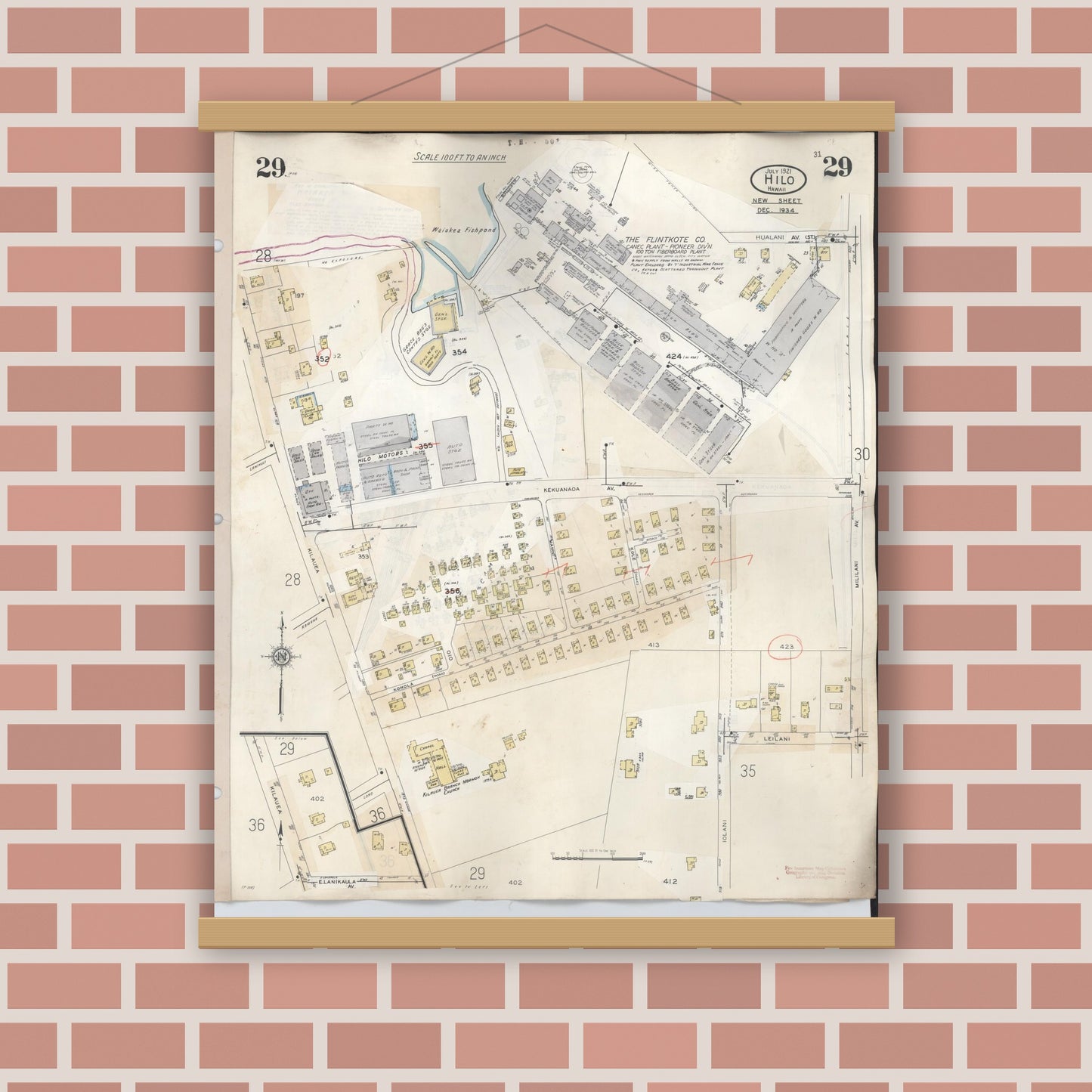 Old map wall art mockup — magnetic wood frame on brick wall — Sanborn Fire Insurance Map from Hilo, Hawaii County, Hawaii (1957), Sheet #0029