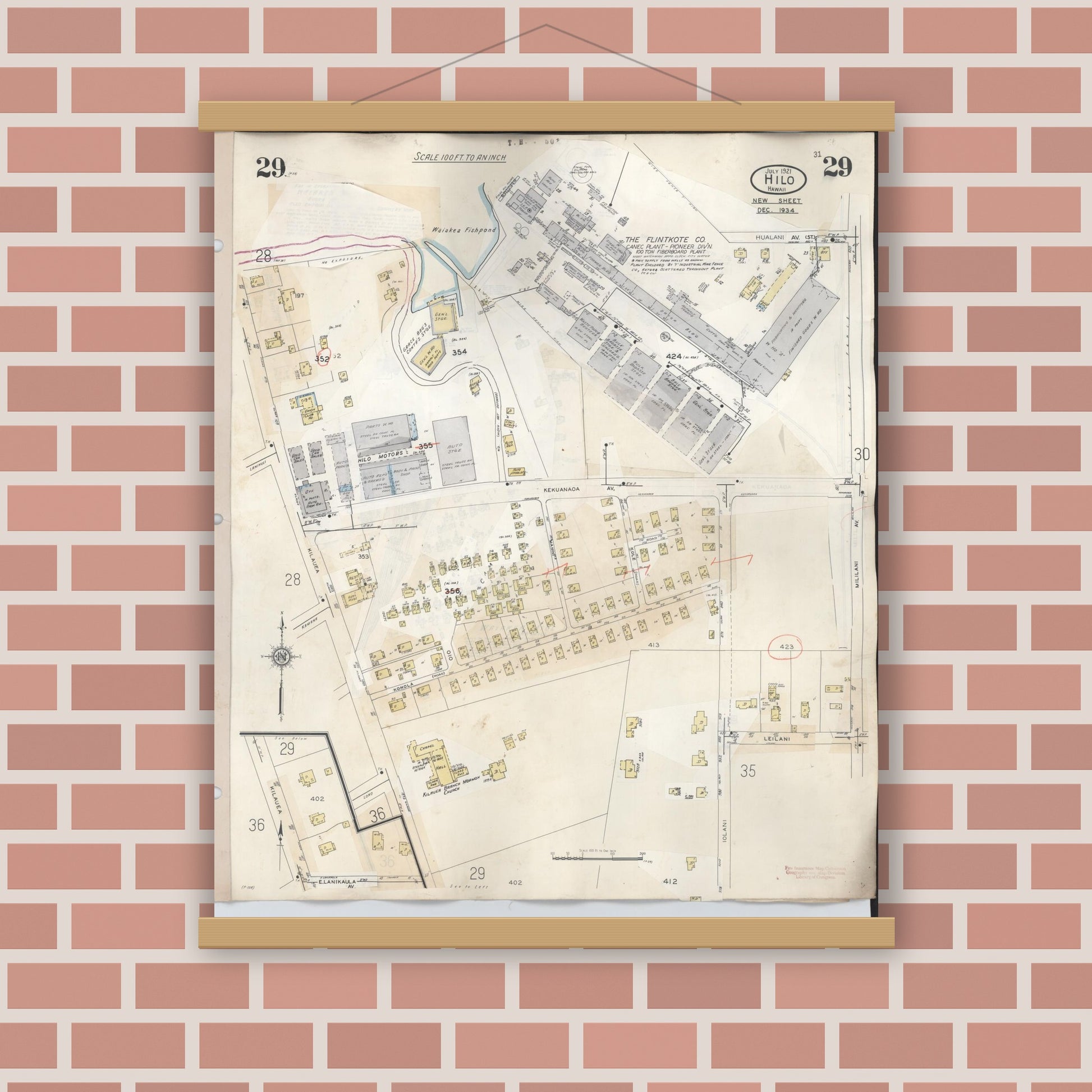 Old map wall art mockup — magnetic wood frame on brick wall — Sanborn Fire Insurance Map from Hilo, Hawaii County, Hawaii (1957), Sheet #0029