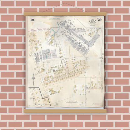 Old map wall art mockup — magnetic wood frame on brick wall — Sanborn Fire Insurance Map from Hilo, Hawaii County, Hawaii (1957), Sheet #0029