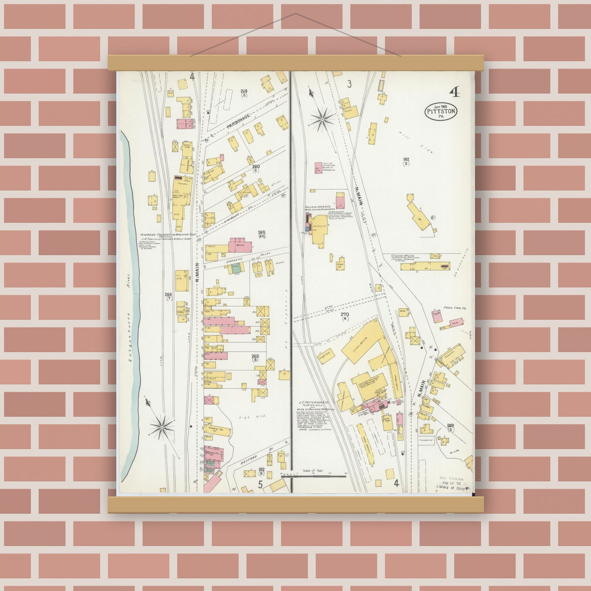 Old map wall art mockup — magnetic wood frame on brick wall — Sanborn Fire Insurance Map from Pittston, Luzerne County, Pennsylvania (1903), Sheet #0004