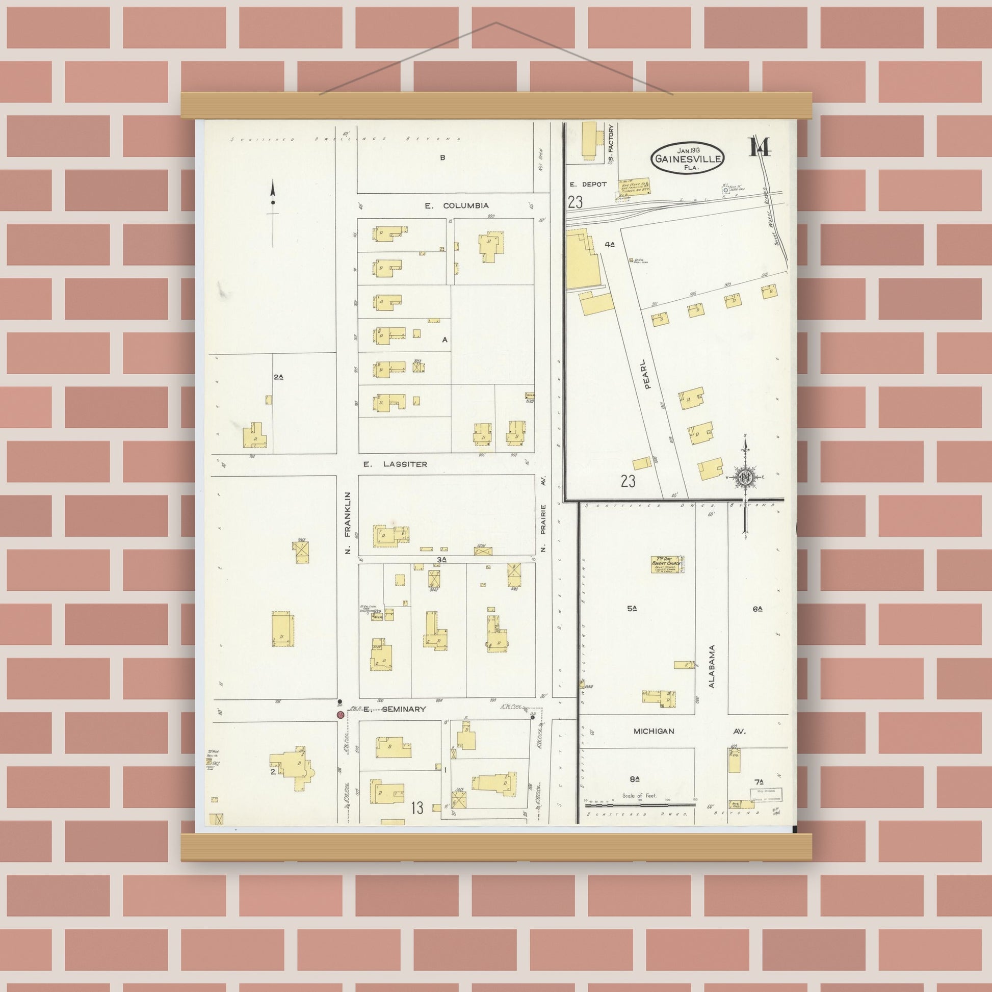 Old map wall art mockup — magnetic wood frame on brick wall — Sanborn Fire Insurance Map from Gainesville, Alachua County, Florida (1913), Sheet #0014