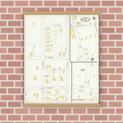 Old map wall art mockup — magnetic wood frame on brick wall — Sanborn Fire Insurance Map from Gainesville, Alachua County, Florida (1913), Sheet #0014