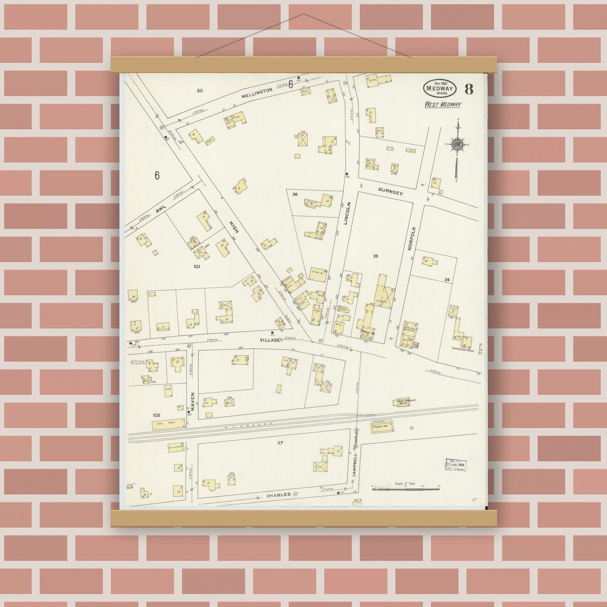 Old map wall art mockup — magnetic wood frame on brick wall — Sanborn Fire Insurance Map from Medway, Norfolk County, Massachusetts (1910), Sheet #0008