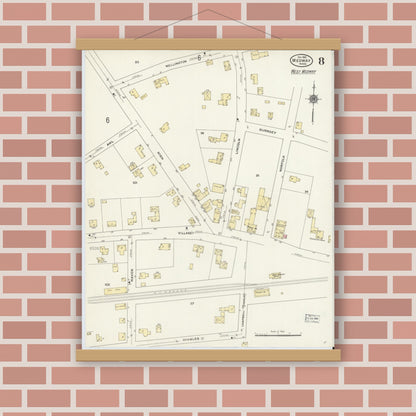 Old map wall art mockup — magnetic wood frame on brick wall — Sanborn Fire Insurance Map from Medway, Norfolk County, Massachusetts (1910), Sheet #0008