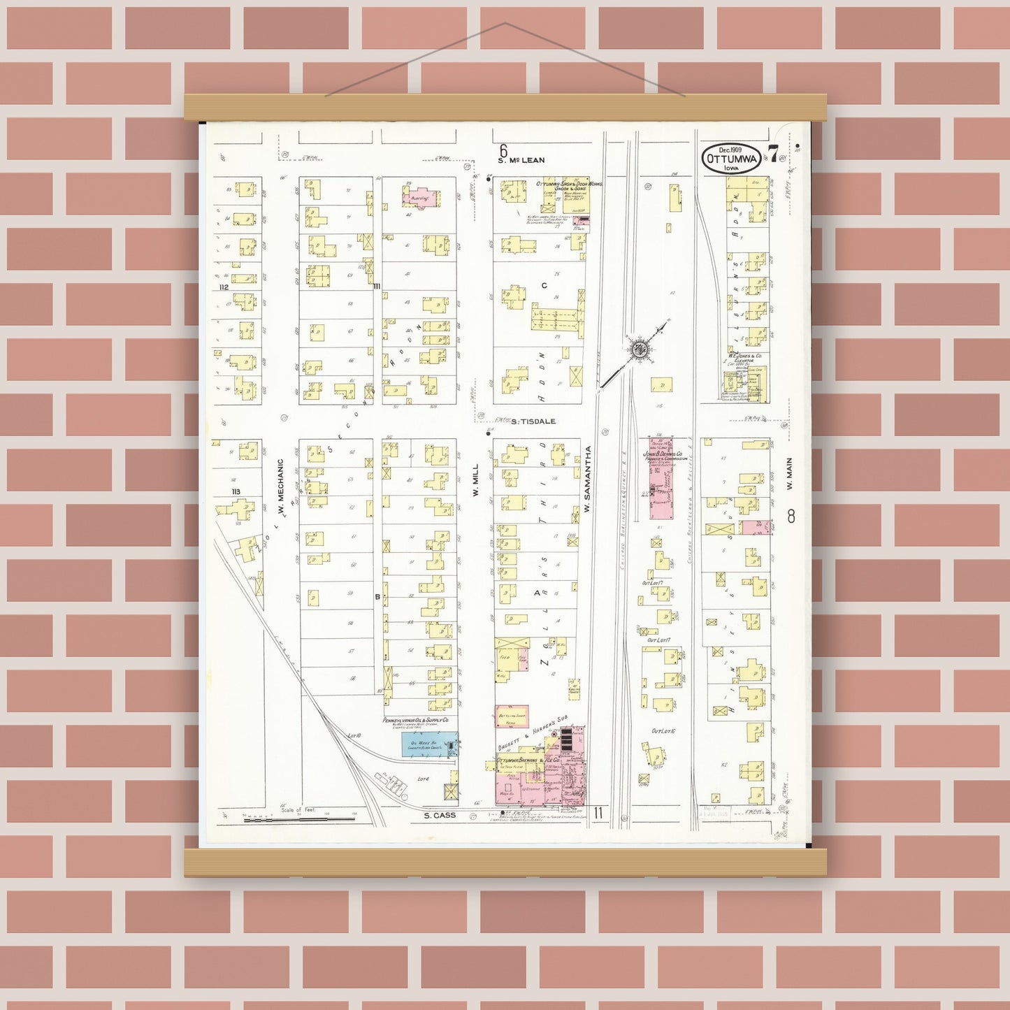 Old map wall art mockup — magnetic wood frame on brick wall — Sanborn Fire Insurance Map from Ottumwa, Wapello County, Iowa (1909), Sheet #0007