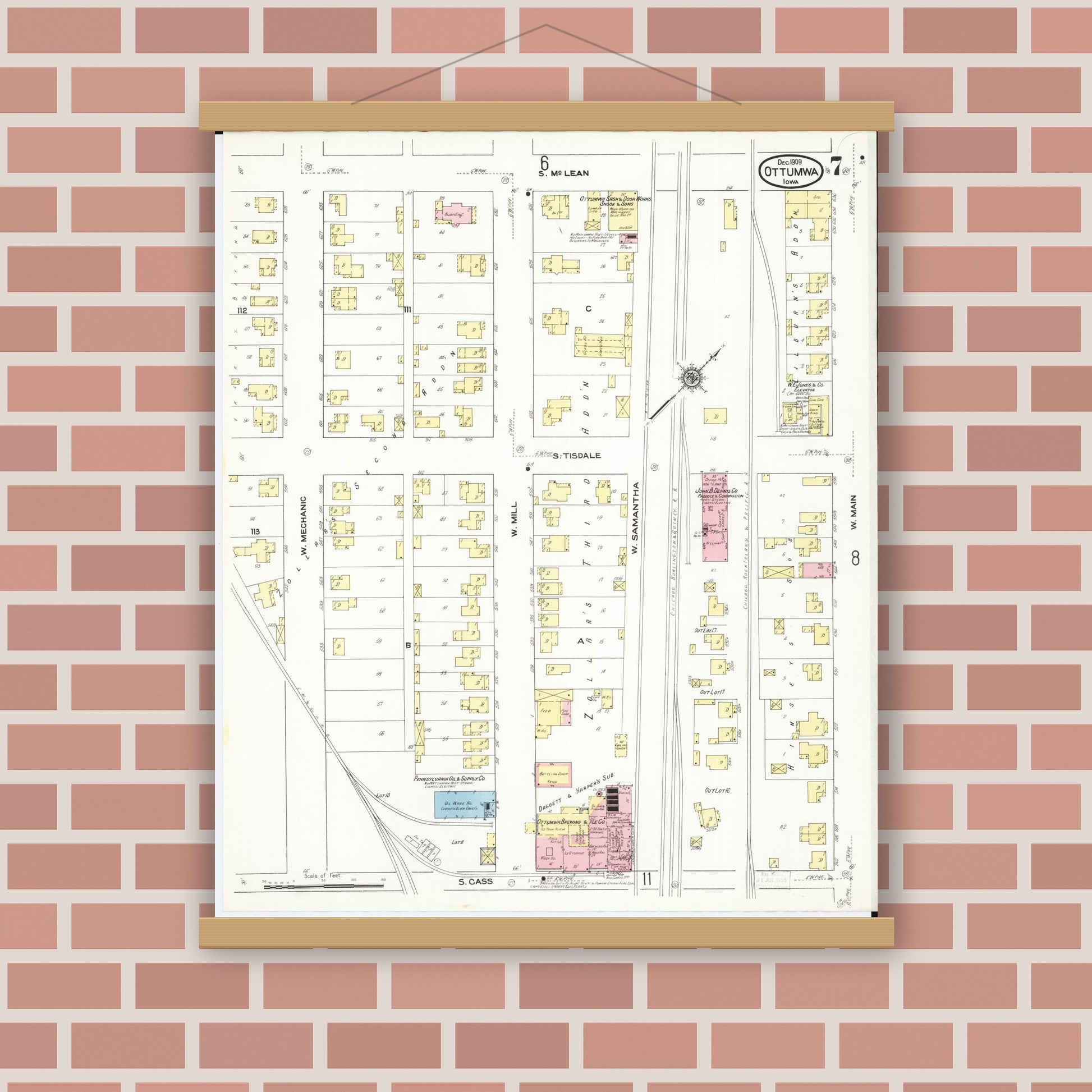 Old map wall art mockup — magnetic wood frame on brick wall — Sanborn Fire Insurance Map from Ottumwa, Wapello County, Iowa (1909), Sheet #0007