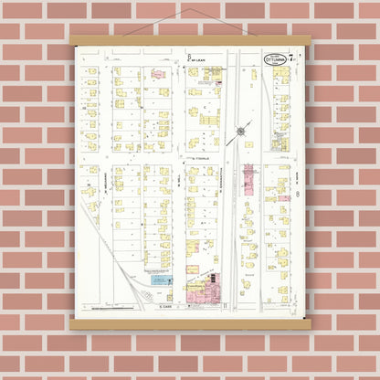 Old map wall art mockup — magnetic wood frame on brick wall — Sanborn Fire Insurance Map from Ottumwa, Wapello County, Iowa (1909), Sheet #0007