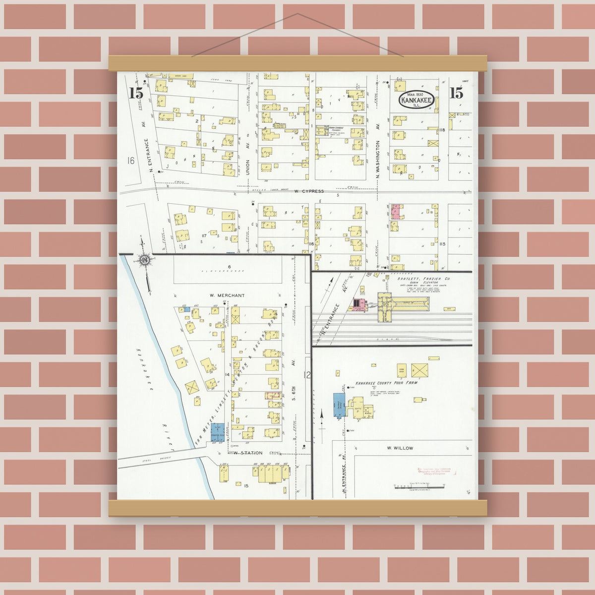 Old map wall art mockup — magnetic wood frame on brick wall — Sanborn Fire Insurance Map from Kankakee, Kankakee County, Illinois (1930), Sheet #0015