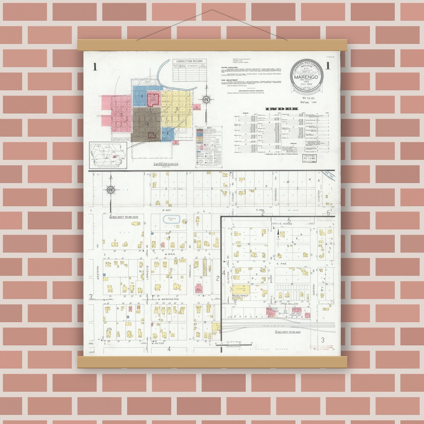 Old map wall art mockup — magnetic wood frame on brick wall — Sanborn Fire Insurance Map from Marengo, Iowa County, Iowa (1933) â€” Complete Set