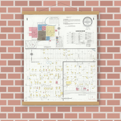 Old map wall art mockup — magnetic wood frame on brick wall — Sanborn Fire Insurance Map from Marengo, Iowa County, Iowa (1933) â€” Complete Set