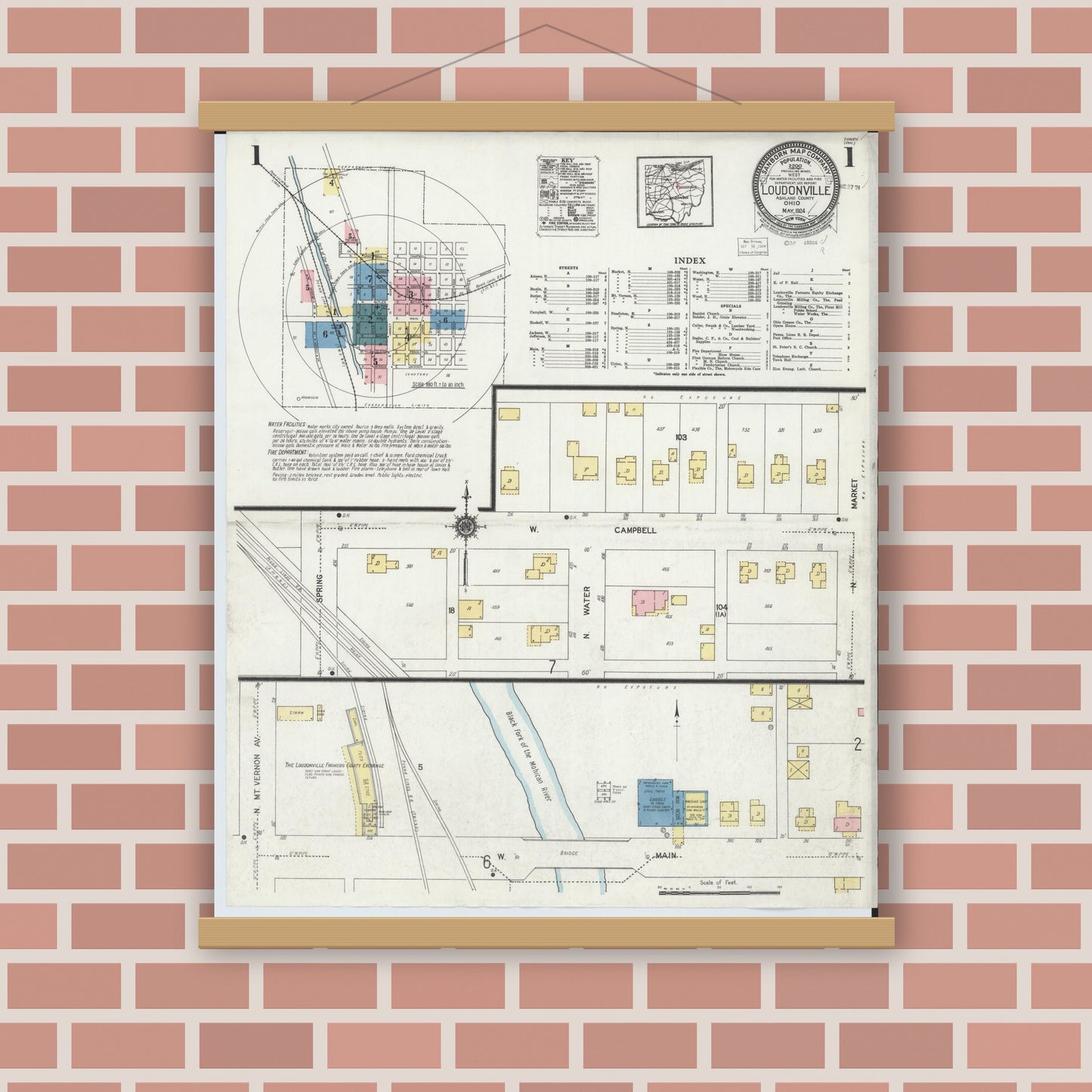 Old map wall art mockup — magnetic wood frame on brick wall — Sanborn Fire Insurance Map from Loudonville, Ashland County, Ohio (1924) - Complete Map Set