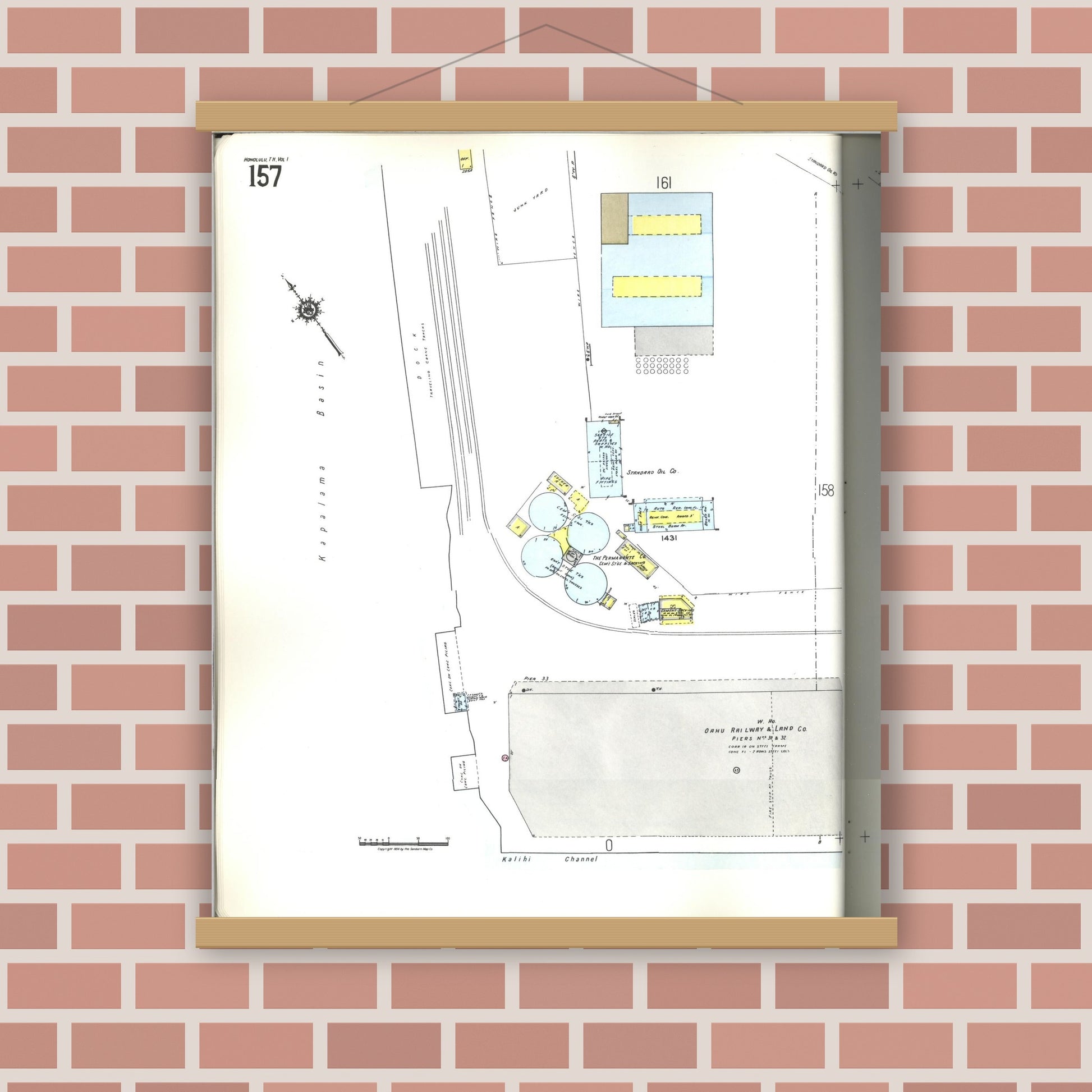 Old map wall art mockup — magnetic wood frame on brick wall — Sanborn Fire Insurance Map from Honolulu, Oahu County, Hawaii (1955), Sheet #0157