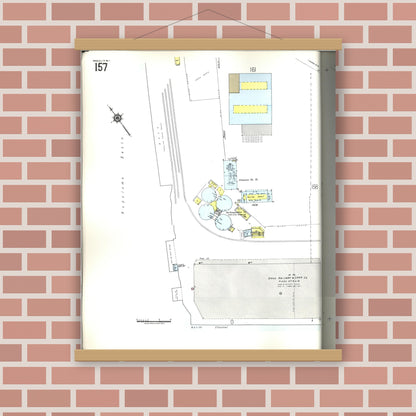 Old map wall art mockup — magnetic wood frame on brick wall — Sanborn Fire Insurance Map from Honolulu, Oahu County, Hawaii (1955), Sheet #0157