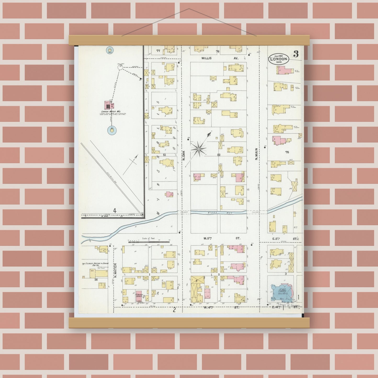 Old map wall art mockup — magnetic wood frame on brick wall — Sanborn Fire Insurance Map from London, Madison County, Ohio (1901), Sheet #0003