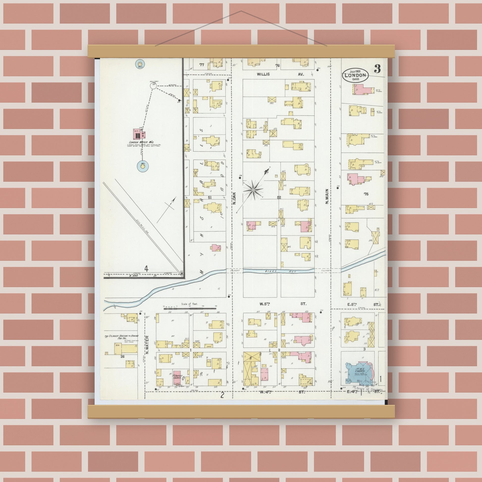 Old map wall art mockup — magnetic wood frame on brick wall — Sanborn Fire Insurance Map from London, Madison County, Ohio (1901), Sheet #0003