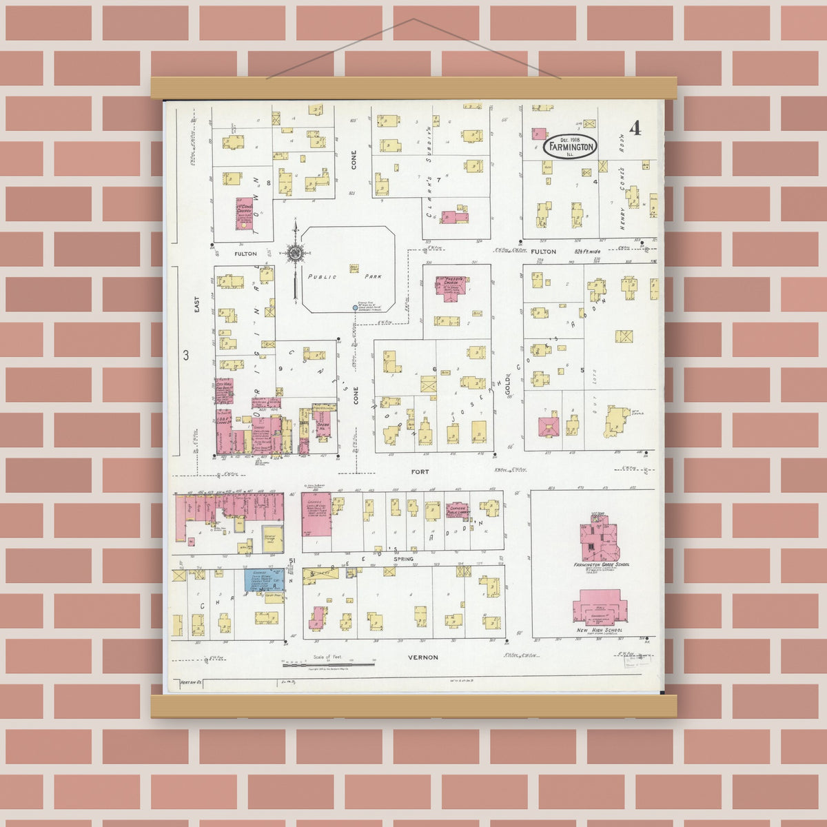 Old map wall art mockup — magnetic wood frame on brick wall — Sanborn Fire Insurance Map from Farmington, Fulton County, Illinois (1918), Sheet #0004