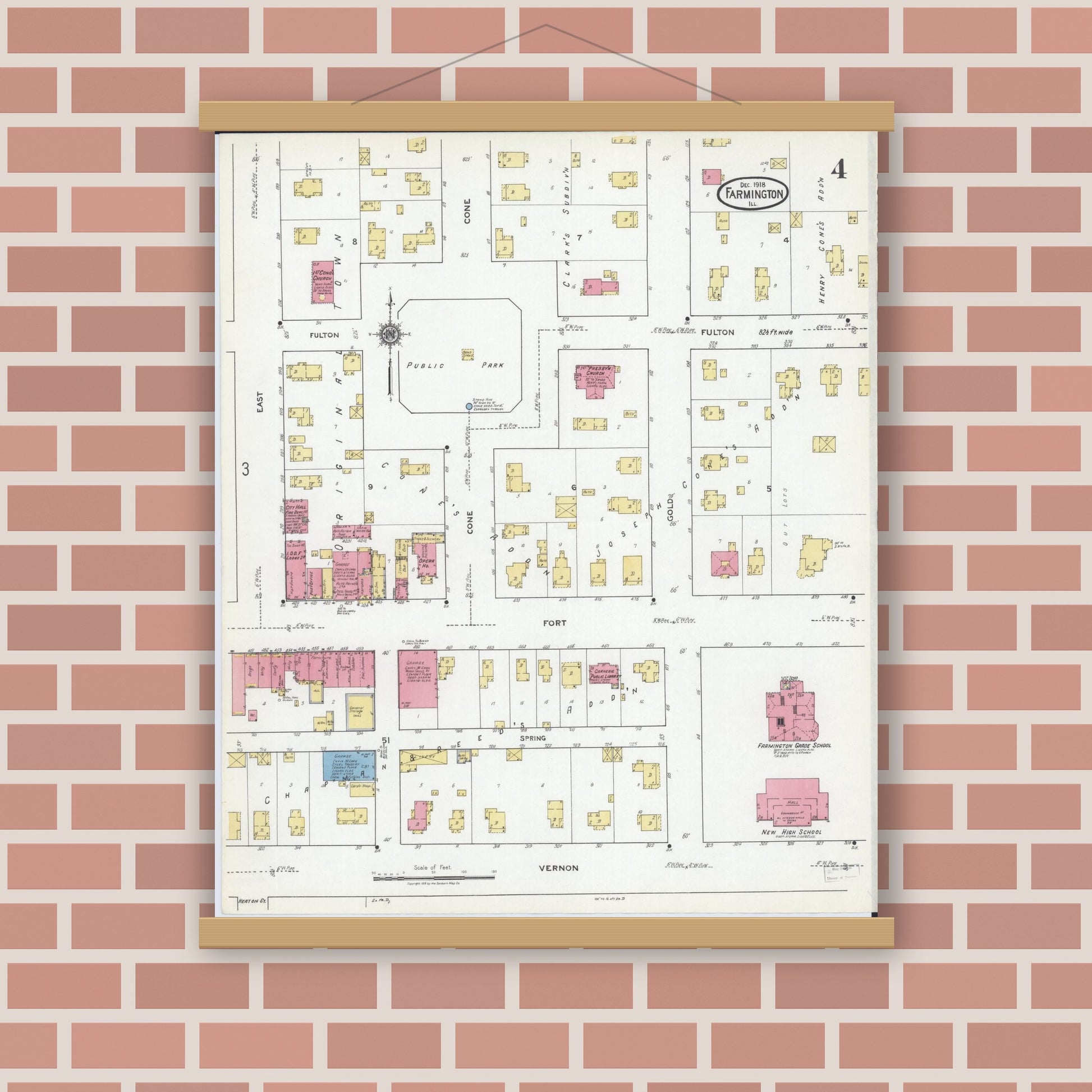Old map wall art mockup — magnetic wood frame on brick wall — Sanborn Fire Insurance Map from Farmington, Fulton County, Illinois (1918), Sheet #0004