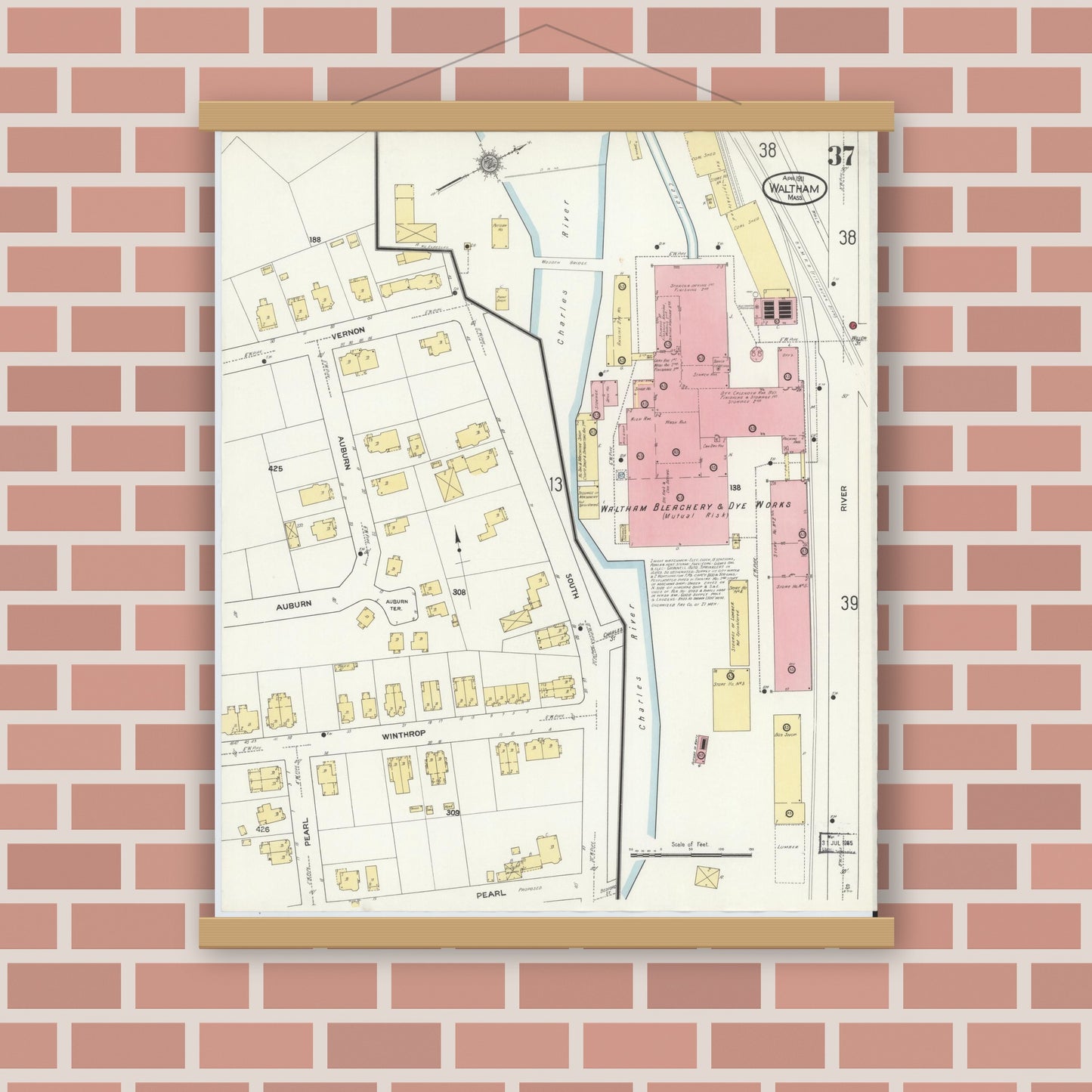 Old map wall art mockup — magnetic wood frame on brick wall — Sanborn Fire Insurance Map from Waltham, Middlesex County, Massachusetts (1911), Sheet #0037