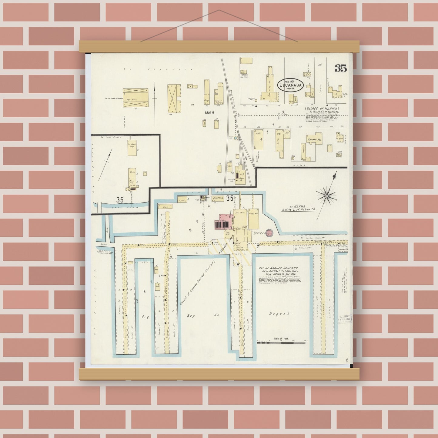 Old map wall art mockup — magnetic wood frame on brick wall — Sanborn Fire Insurance Map from Escanaba, Delta County, Michigan (1906), Sheet #0035