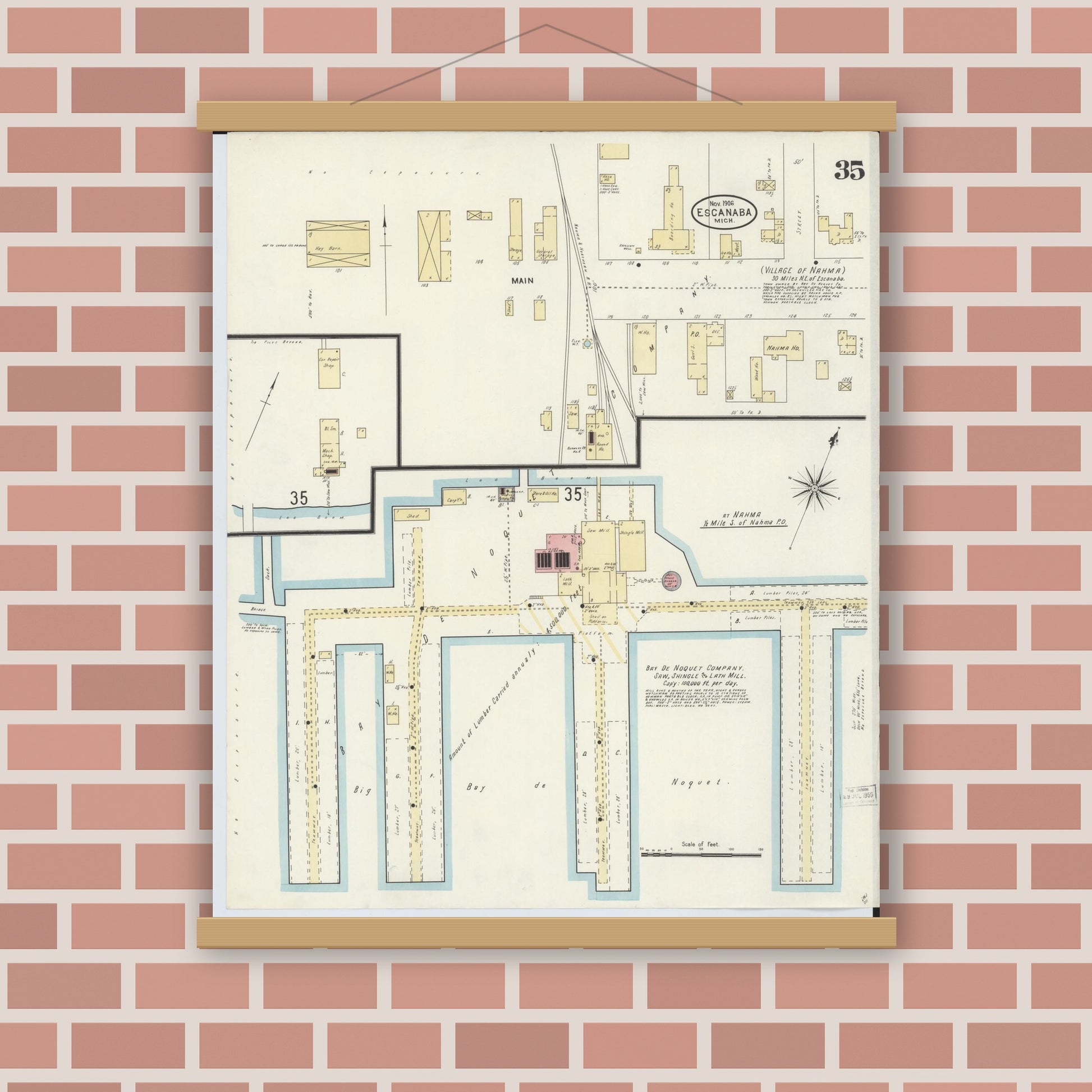 Old map wall art mockup — magnetic wood frame on brick wall — Sanborn Fire Insurance Map from Escanaba, Delta County, Michigan (1906), Sheet #0035