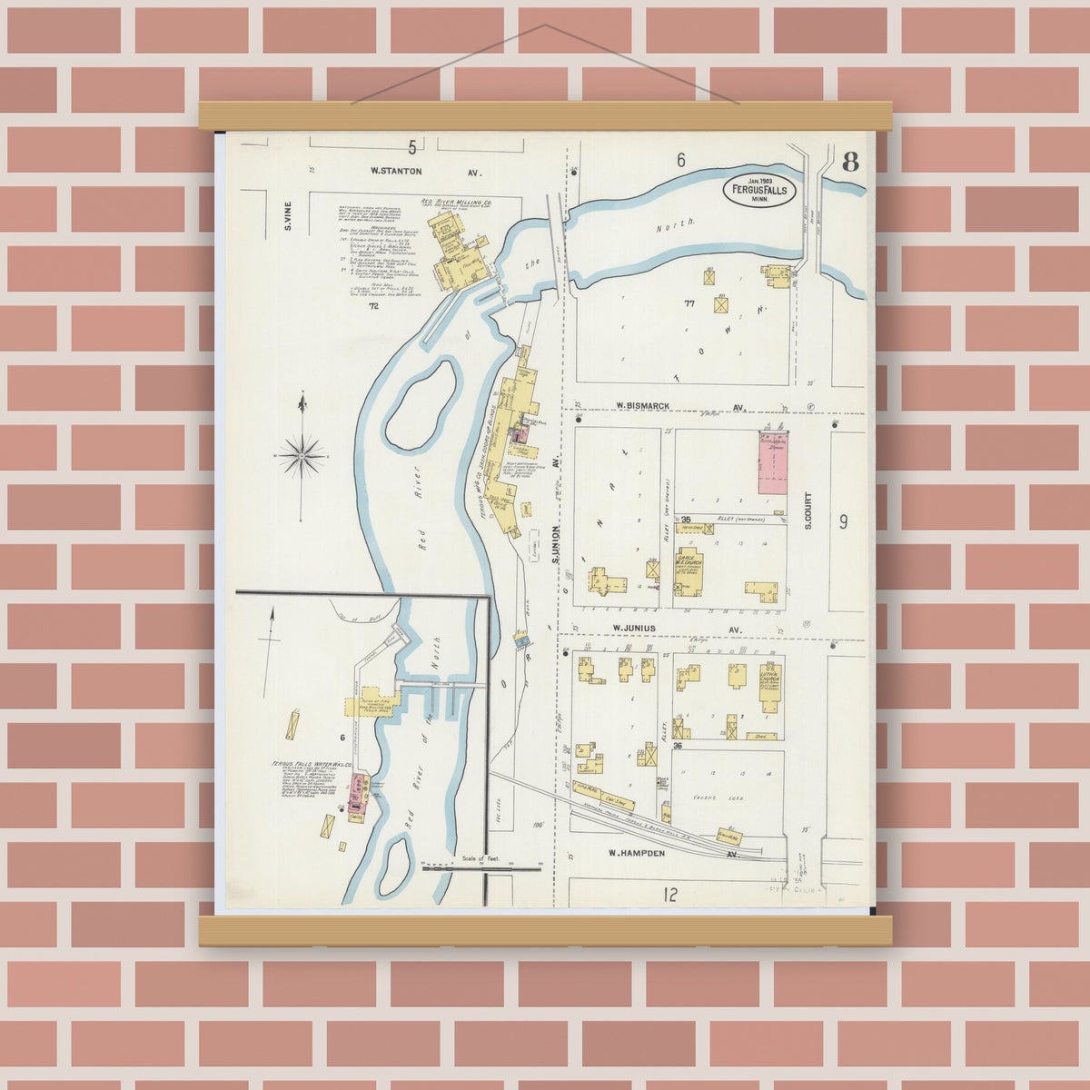 Old map wall art mockup — magnetic wood frame on brick wall — Sanborn Fire Insurance Map from Fergus Falls, Otter Tail County, Minnesota (1903), Sheet #0008