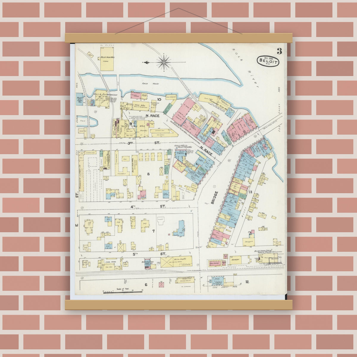 Old map wall art mockup — magnetic wood frame on brick wall — Sanborn Fire Insurance Map from Beloit, Rock County, Wisconsin (1890), Sheet #0003
