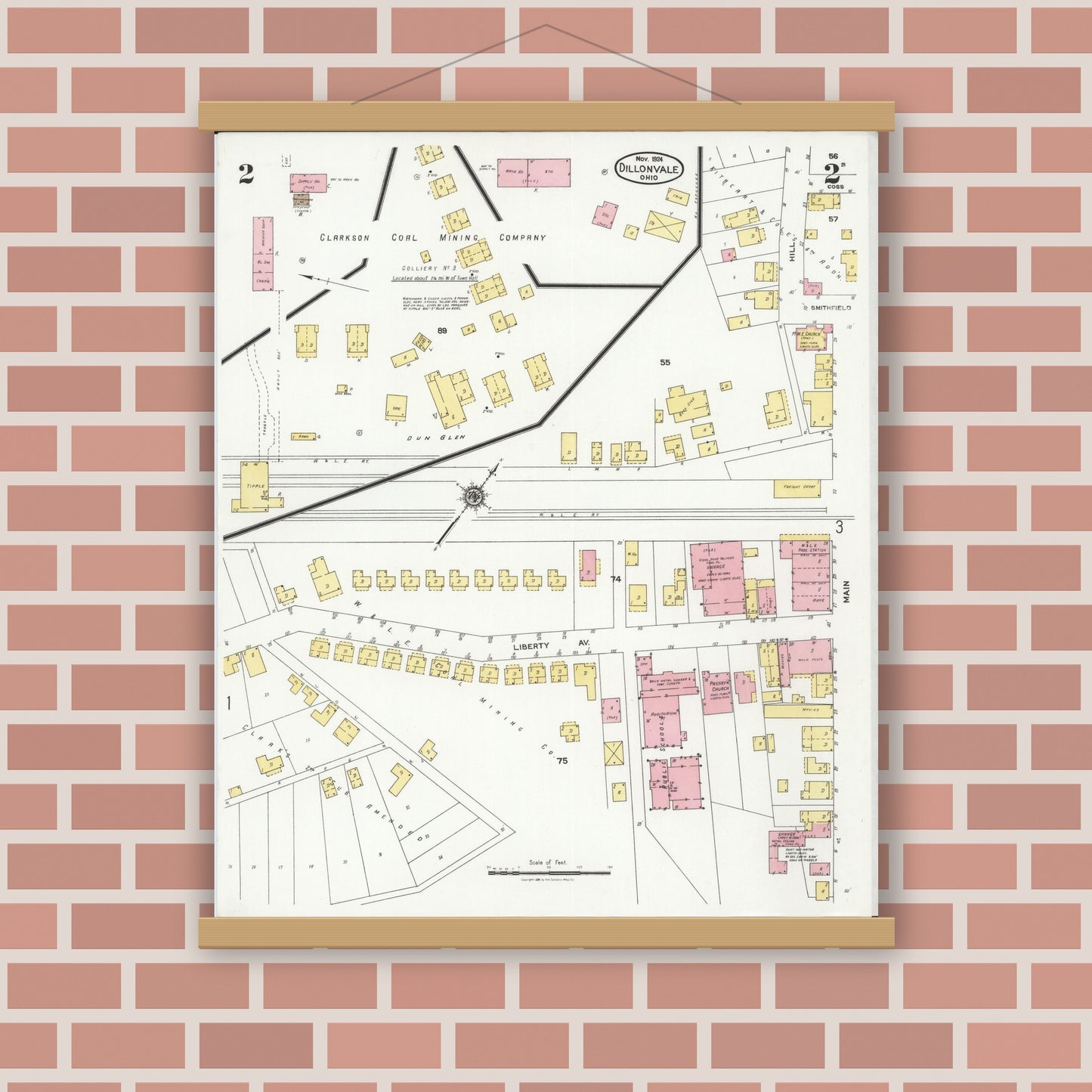 Old map wall art mockup — magnetic wood frame on brick wall — Sanborn Fire Insurance Map from Dillonvale, Jefferson County, Ohio (1924), Sheet #0002
