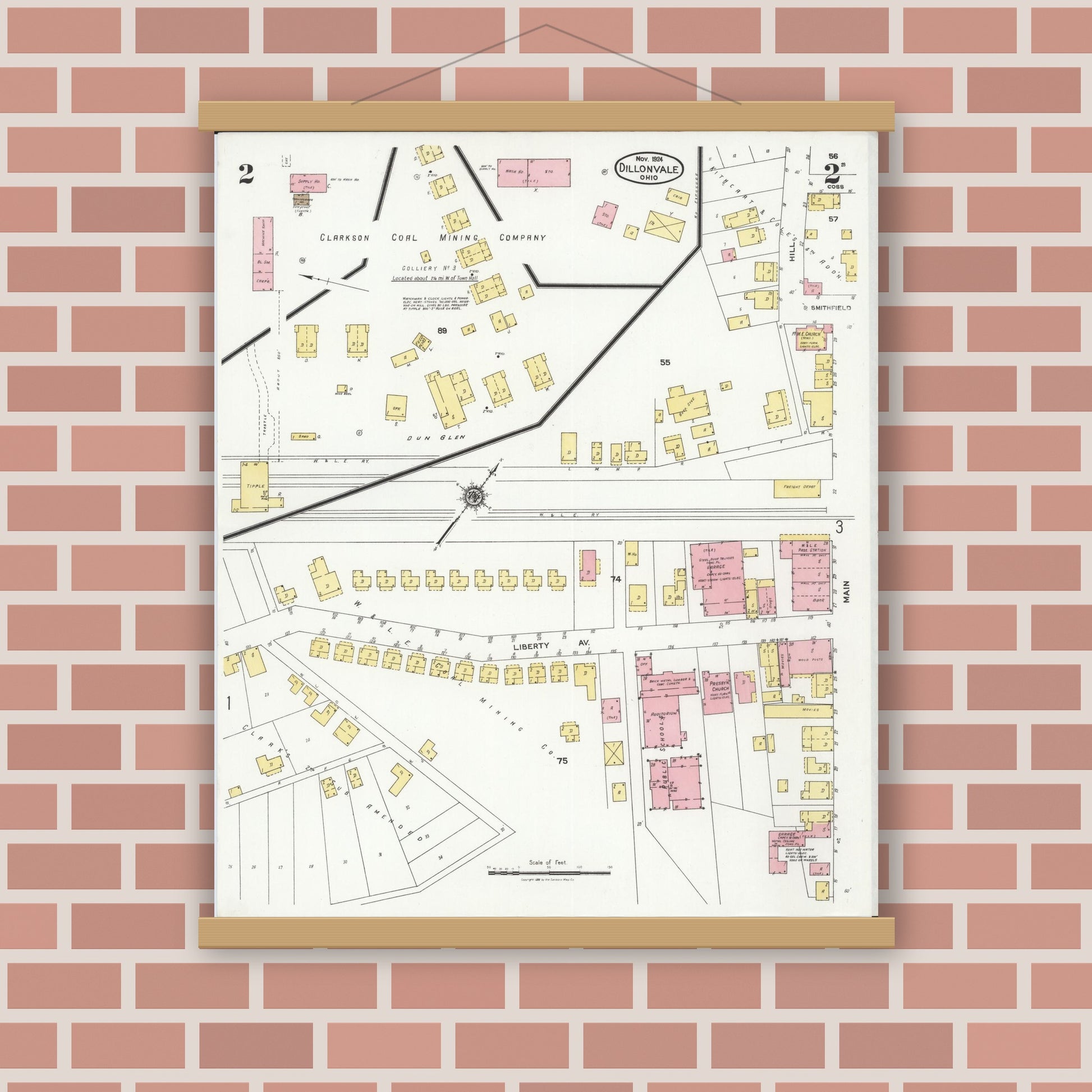 Old map wall art mockup — magnetic wood frame on brick wall — Sanborn Fire Insurance Map from Dillonvale, Jefferson County, Ohio (1924), Sheet #0002