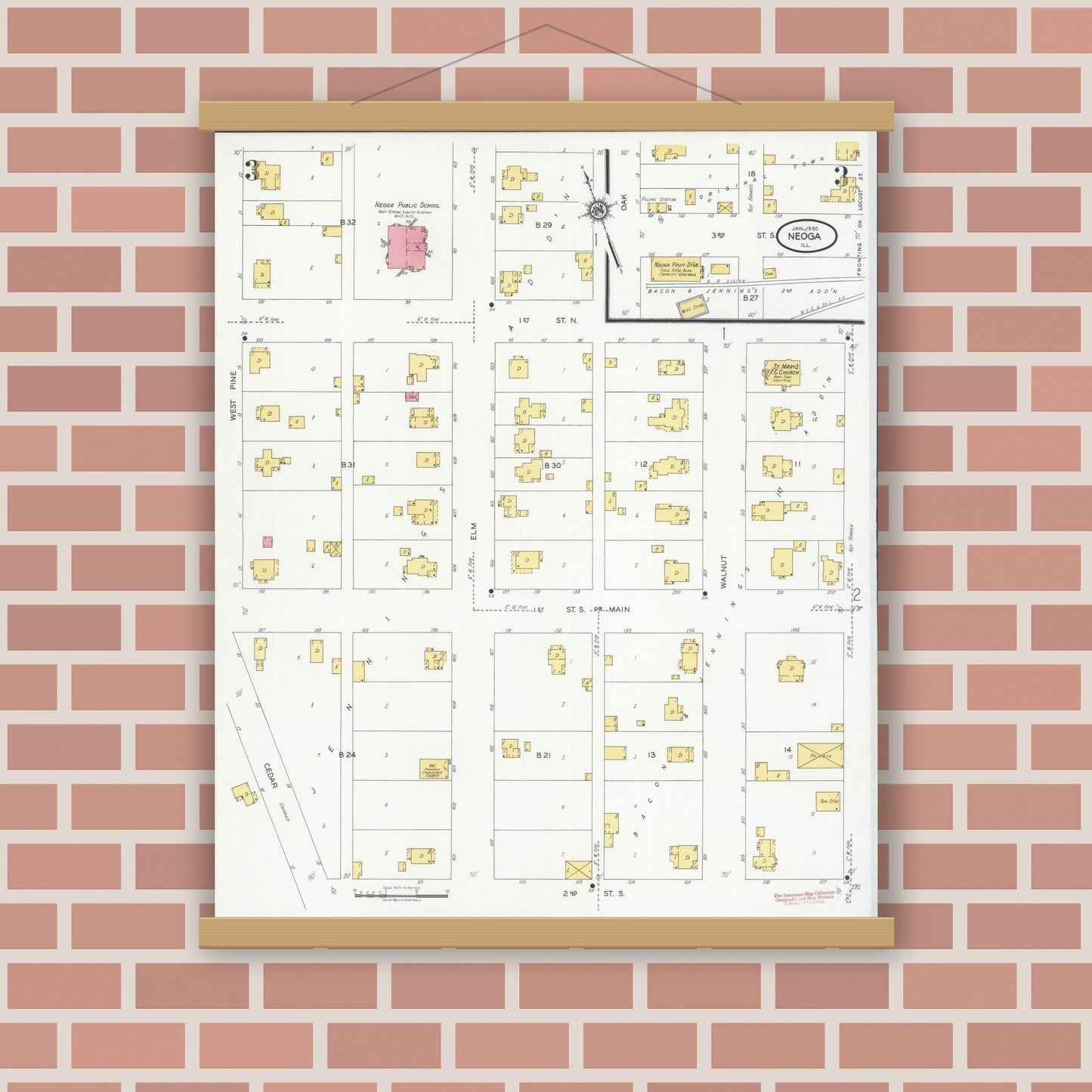 Old map wall art mockup — magnetic wood frame on brick wall — Sanborn Fire Insurance Map from Neoga, Cumberland County, Illinois (1930), Sheet #0003