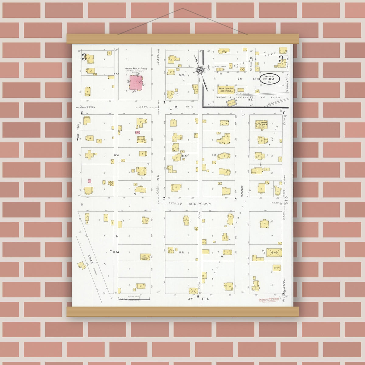 Old map wall art mockup — magnetic wood frame on brick wall — Sanborn Fire Insurance Map from Neoga, Cumberland County, Illinois (1930), Sheet #0003