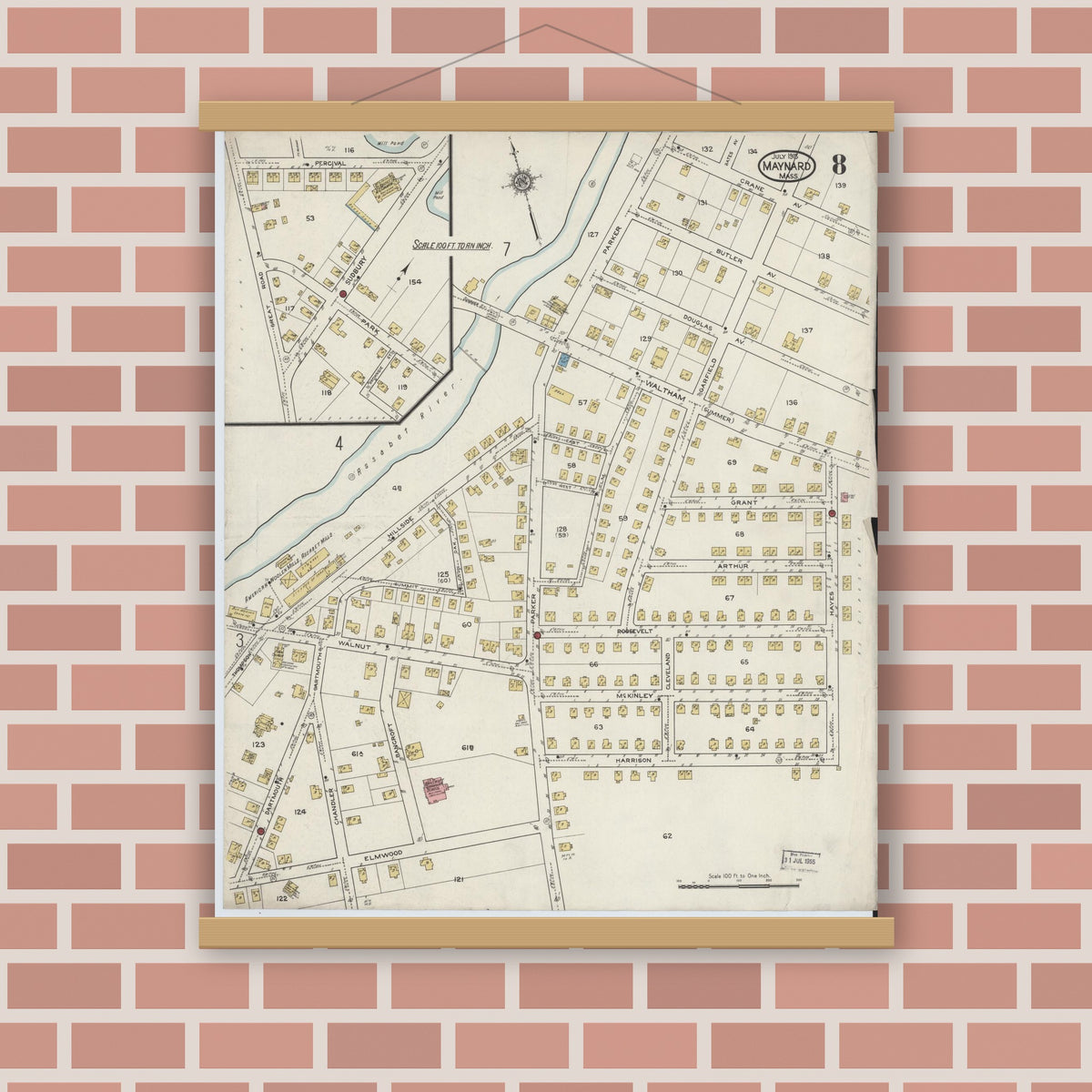 Old map wall art mockup — magnetic wood frame on brick wall — Sanborn Fire Insurance Map from Maynard, Middlesex County, Massachusetts (1915), Sheet #0008
