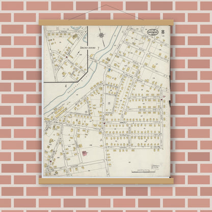 Old map wall art mockup — magnetic wood frame on brick wall — Sanborn Fire Insurance Map from Maynard, Middlesex County, Massachusetts (1915), Sheet #0008