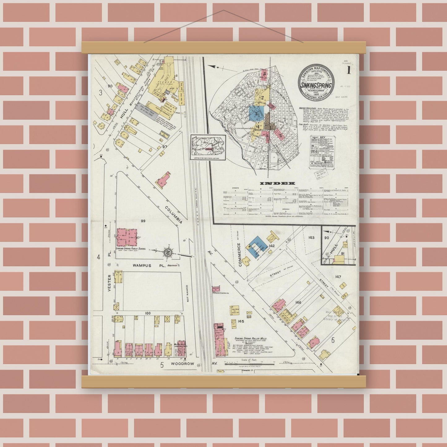Old map wall art mockup — magnetic wood frame on brick wall — Sanborn Fire Insurance Map from Sinking Spring, Berks County, Pennsylvania (1920), Sheet #0001