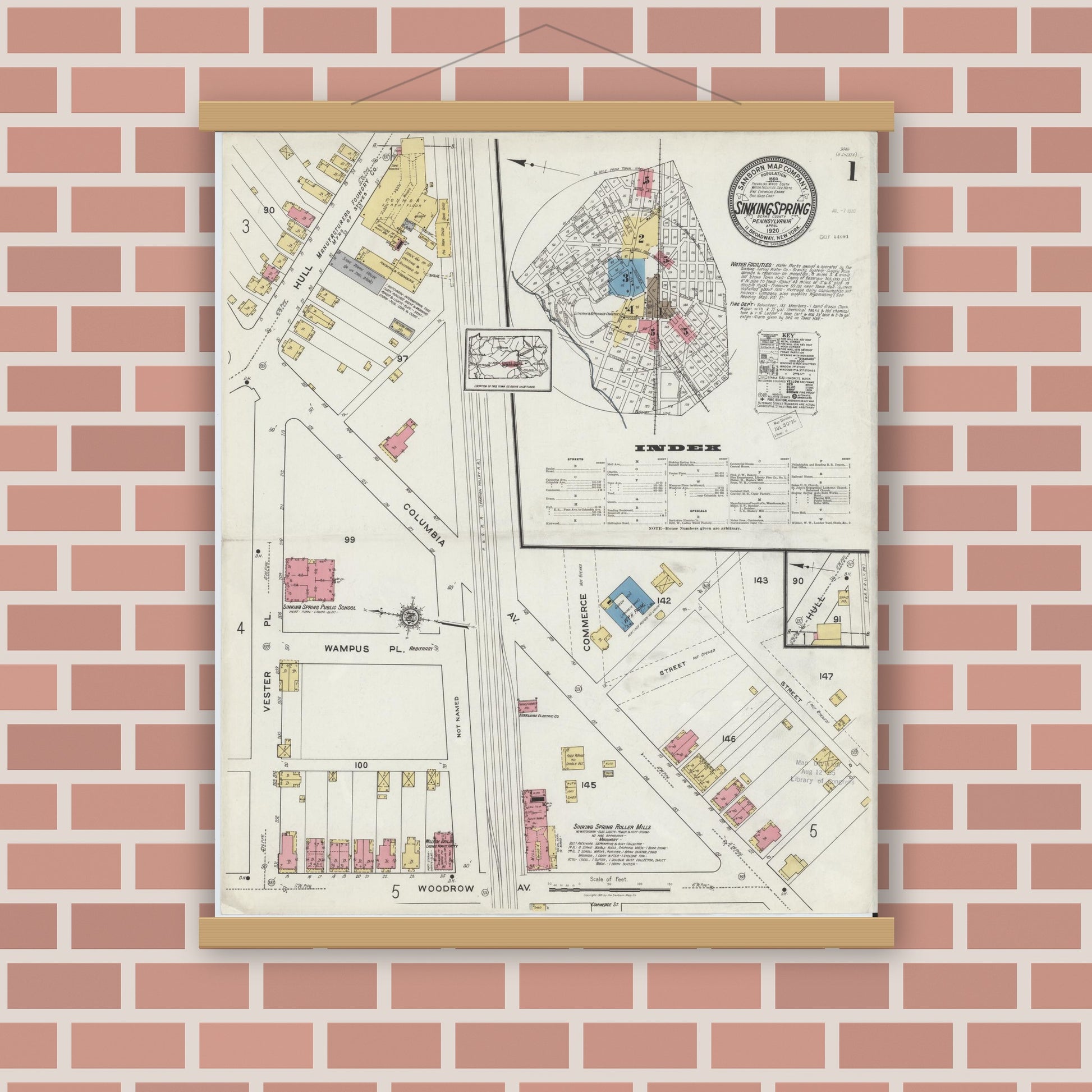 Old map wall art mockup — magnetic wood frame on brick wall — Sanborn Fire Insurance Map from Sinking Spring, Berks County, Pennsylvania (1920), Sheet #0001