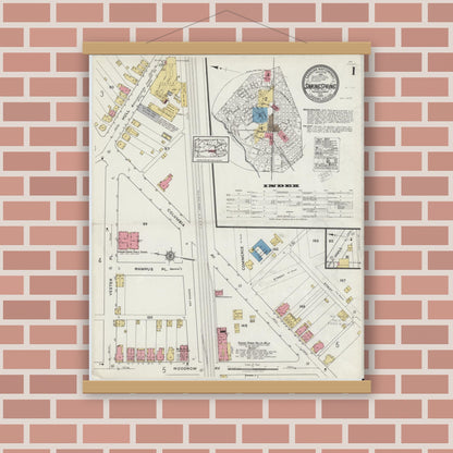 Old map wall art mockup — magnetic wood frame on brick wall — Sanborn Fire Insurance Map from Sinking Spring, Berks County, Pennsylvania (1920), Sheet #0001